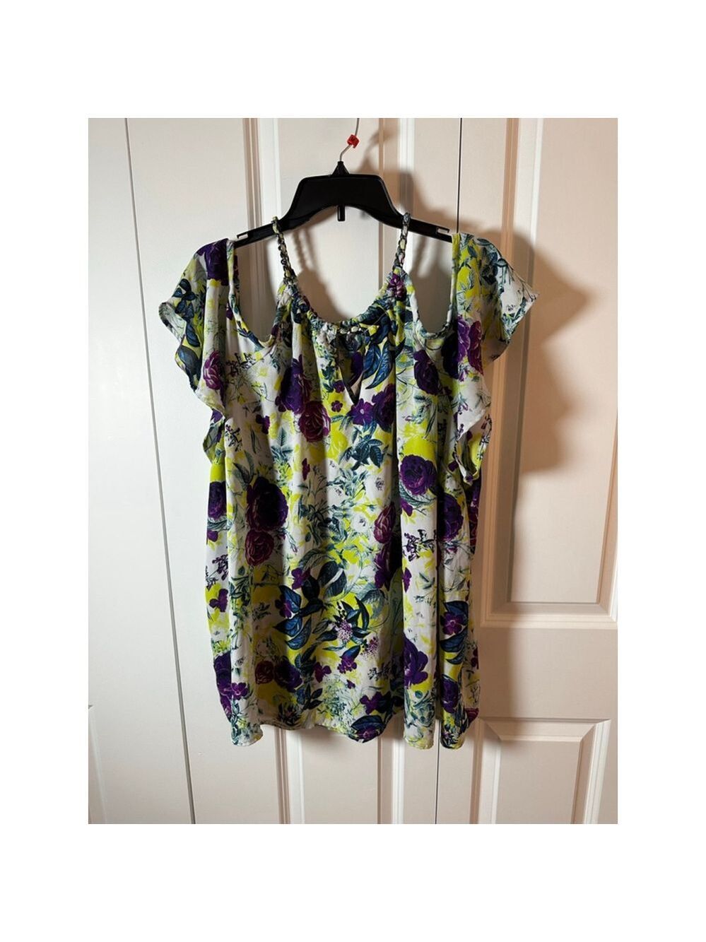 Torrid Blouse 4X Floral White Yellow Purple Cold Shoulder
